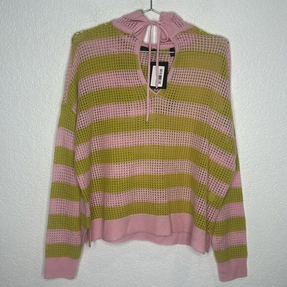 NWT ATM Anthony Thomas Melillo Striped Cashmere Mesh Knit Hoodie Pink Moss Small - Picture 2 of 15